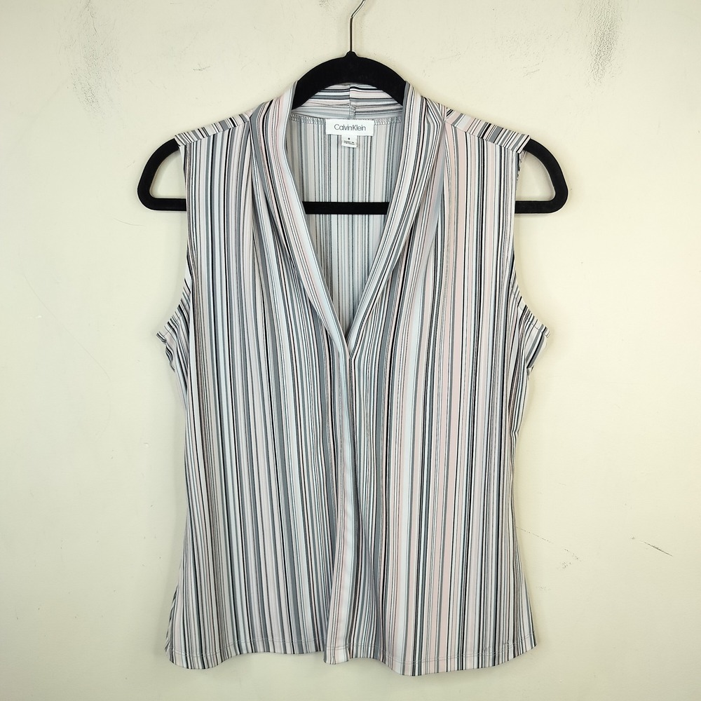 Calvin Klein Sleeveless Top Small Womens Striped Grey Pink V-Neck Career Casual